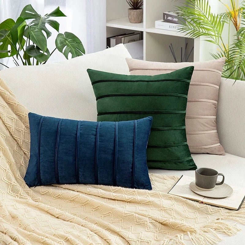 2Pcs Blue Velvet Pillow Covers with Striped Decorative Luxury Soft Cushion Cases for Farmhouse Couch Sofa Living Room