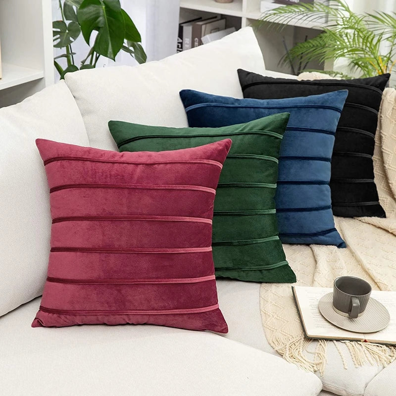2Pcs Blue Velvet Pillow Covers with Striped Decorative Luxury Soft Cushion Cases for Farmhouse Couch Sofa Living Room