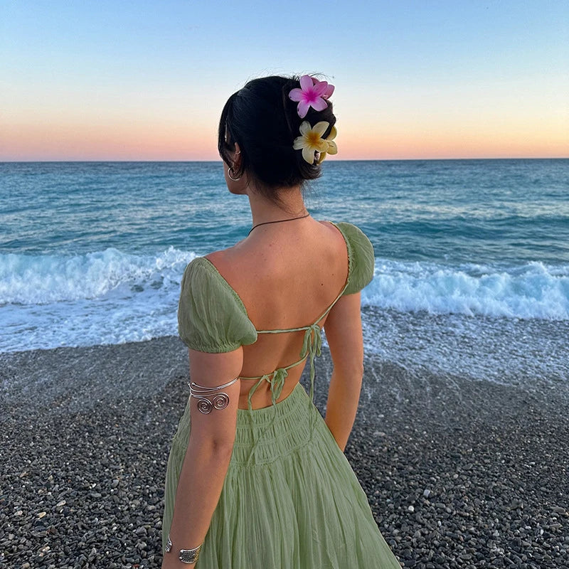Green Open Back Short Sleeve Maxi Dress