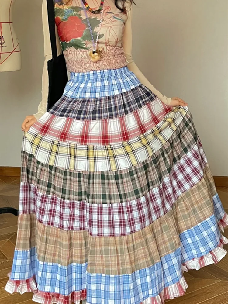 Plaid Patchwork Ruffles Maxi Skirt - Bohemian A-Line