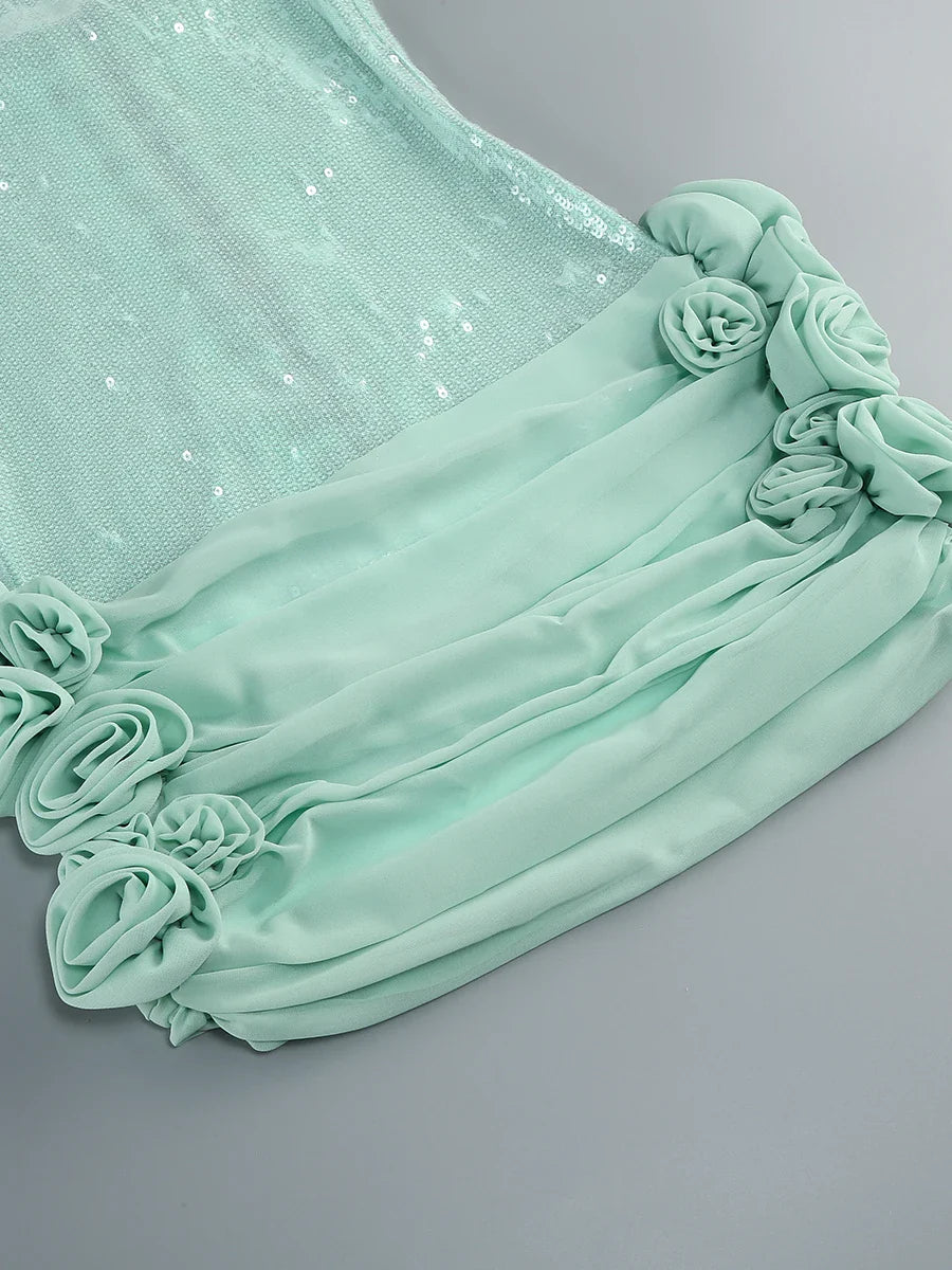 Green Sequin Strap Pleated Flower Mini Dress