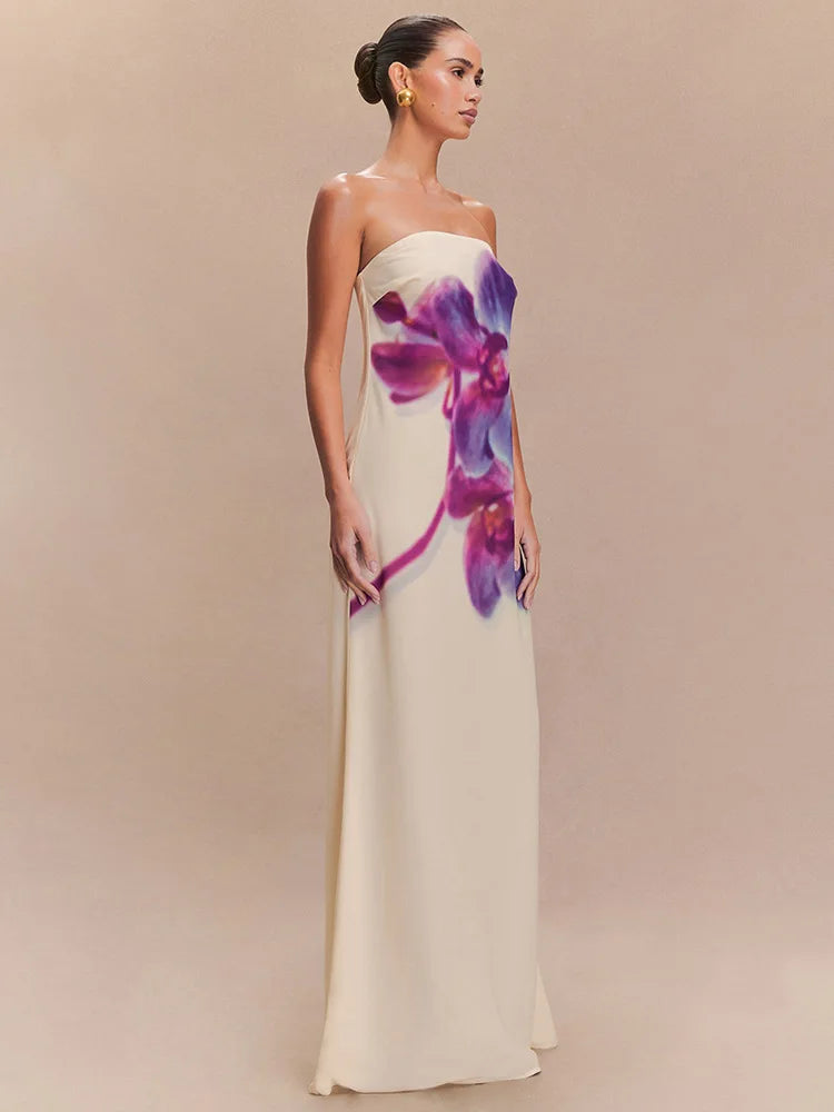 Orchid Floral Print Strapless Straight Maxi Dress
