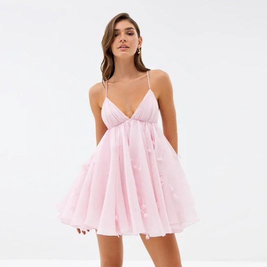 Pink Flare Cami Mini Dress - V-Neck Tie-Up