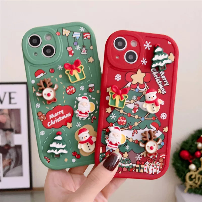 Ottwn 3D Cartoon Elk Santa Claus Tree Christmas Phone Case For iPhone 13 11 12 Pro Max 13 14 Plus X XR XS 7 8 Plus SE Cover