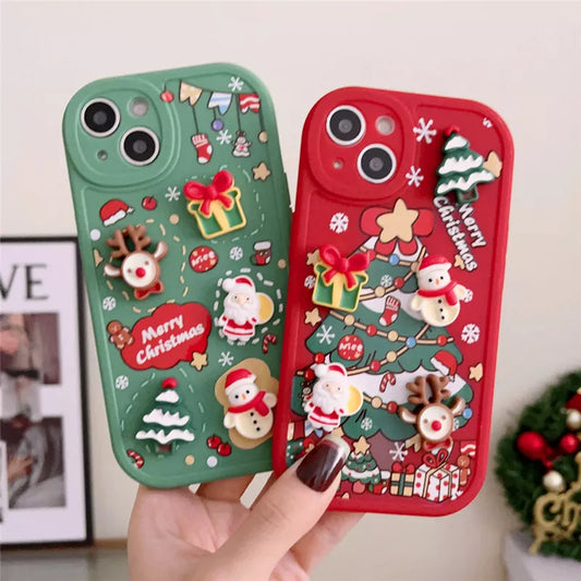 Ottwn 3D Cartoon Elk Santa Claus Tree Christmas Phone Case For iPhone 13 11 12 Pro Max 13 14 Plus X XR XS 7 8 Plus SE Cover