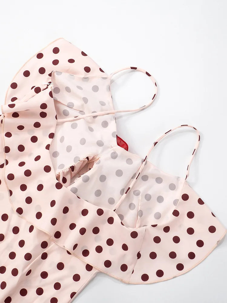 Rose Polka Dot Ruffle Strappy Maxi Dress