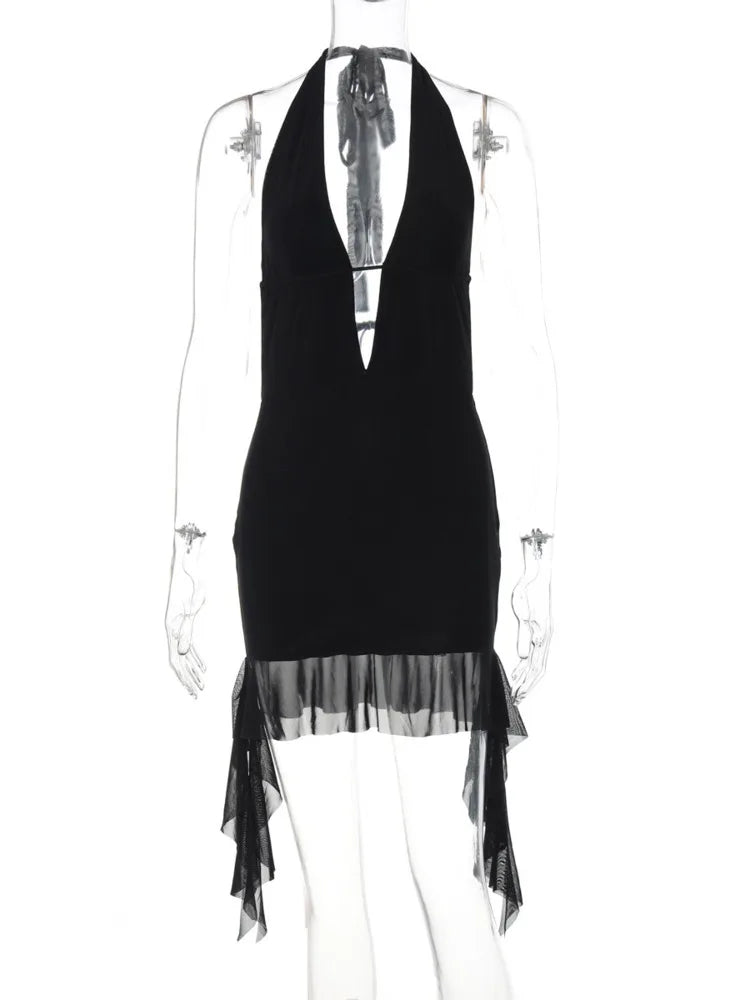 Deep V Neck Ruffle Mini Dress