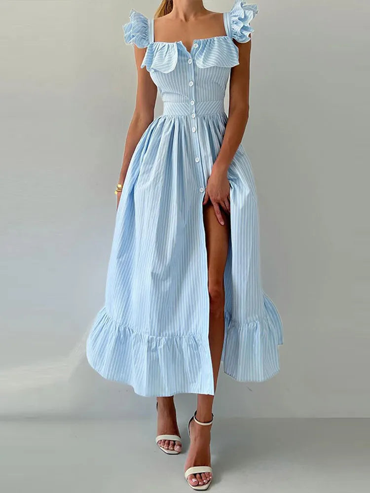 Ruffles Striped Square Collar Buttoned Long Dress