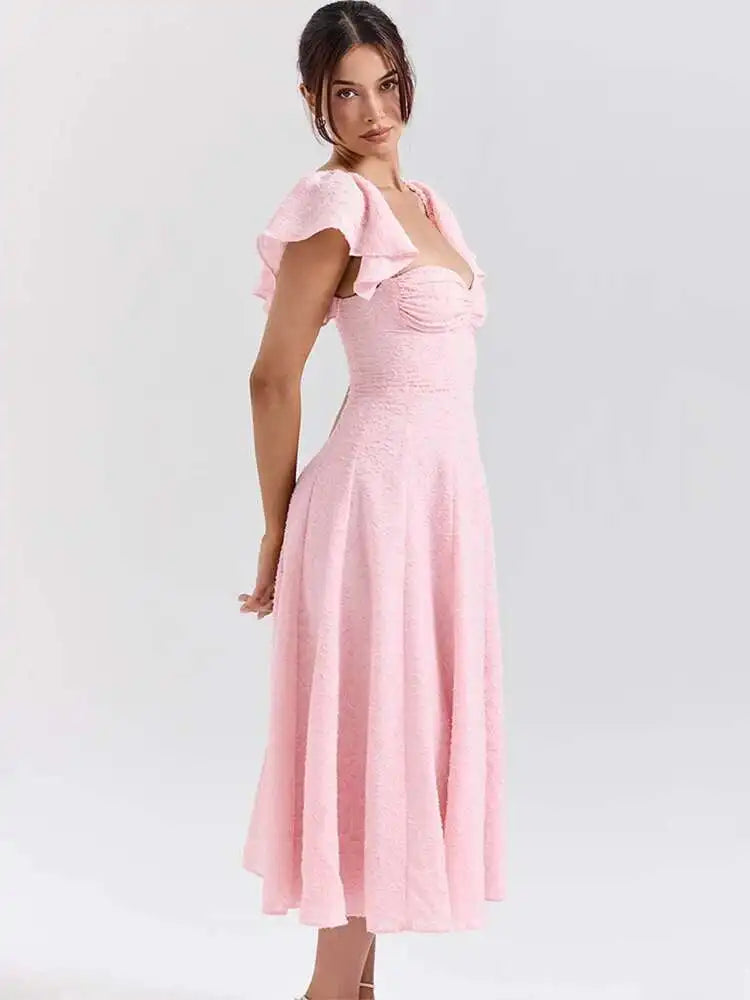 Pink Short Puff Sleeves Jacquard Print Maxi Dress