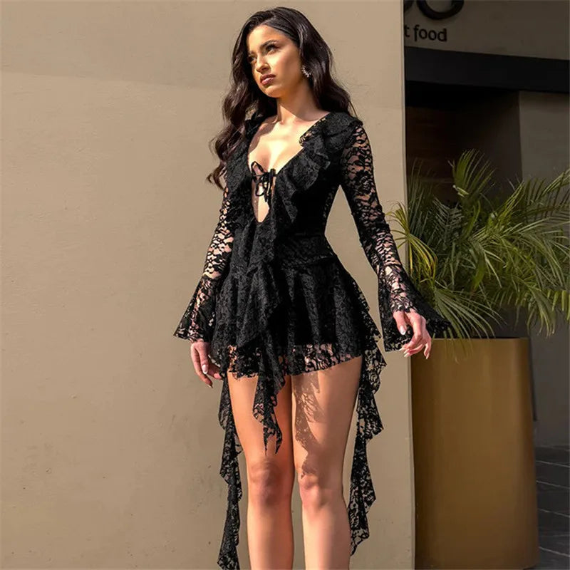 Lace Ruffled Long Sleeve Mini Dress