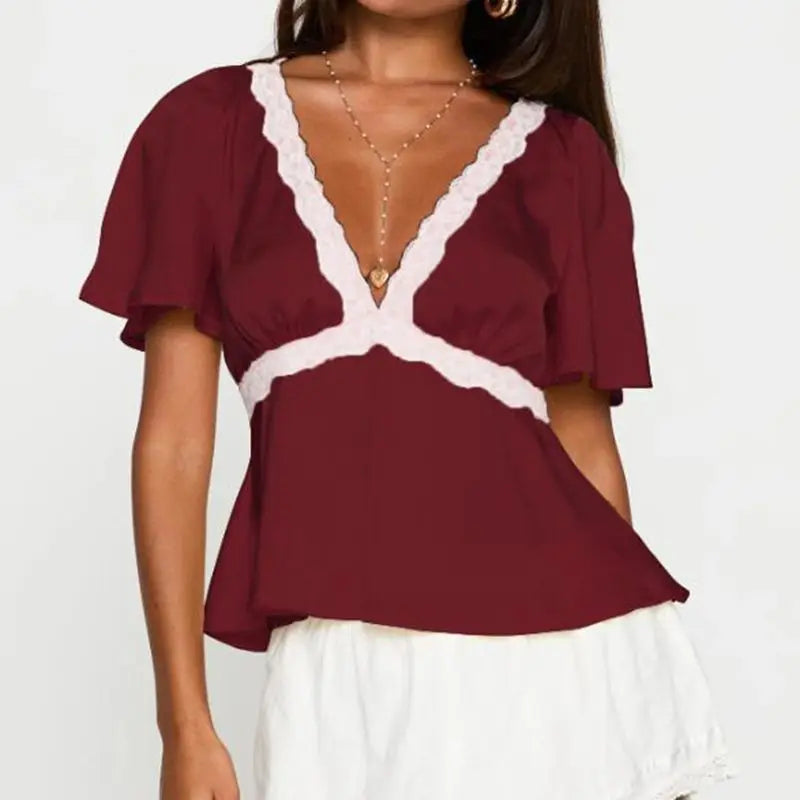 Lace Trim Flare Sleeve Top - High Street Chic