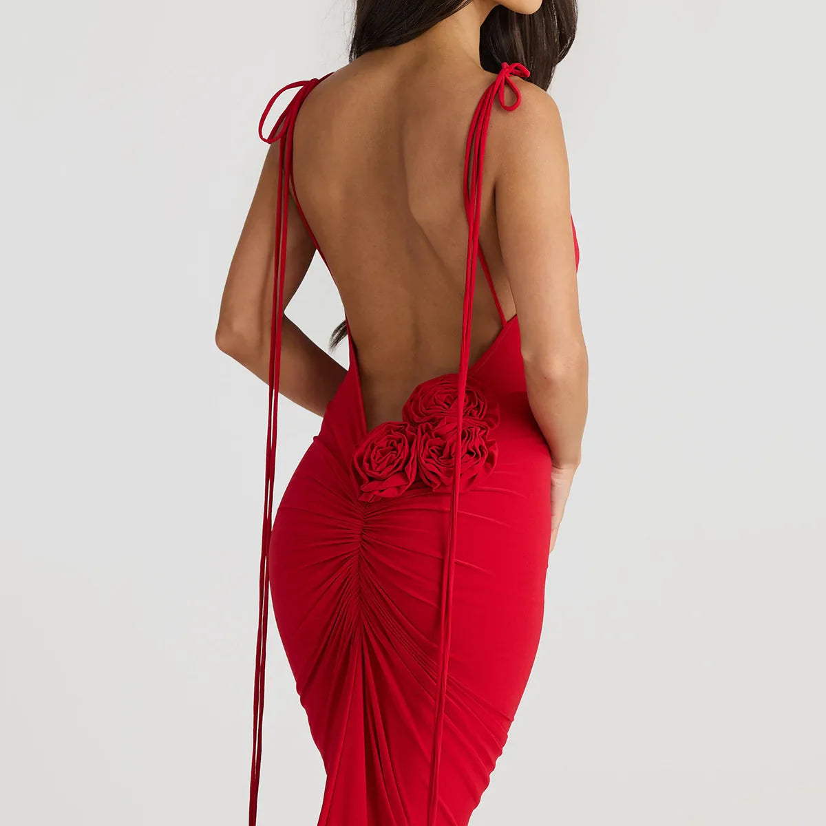 Red Tie Up Strap Open Back 3d Flower Maxi Dress