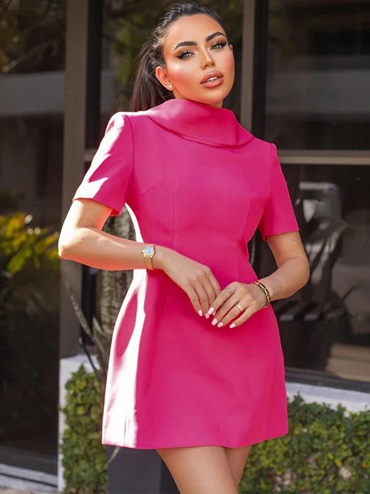 Pink Uptown Collar Short Sleeve Mini Dress