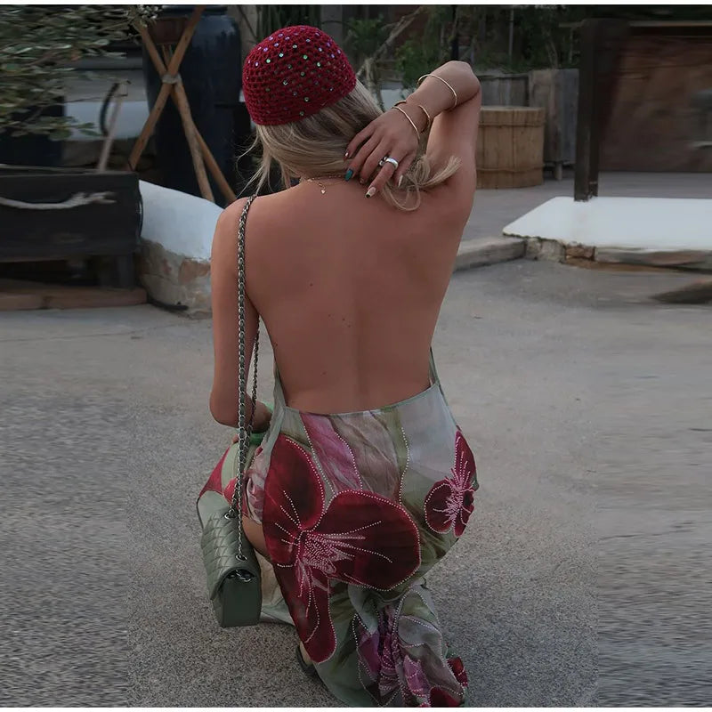 Printed Embroidered Cami Maxi Dress â€?Halter Neck Style