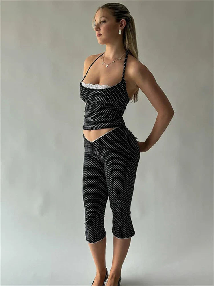 Black Polka Dot Cami Top And Capri Pants Set