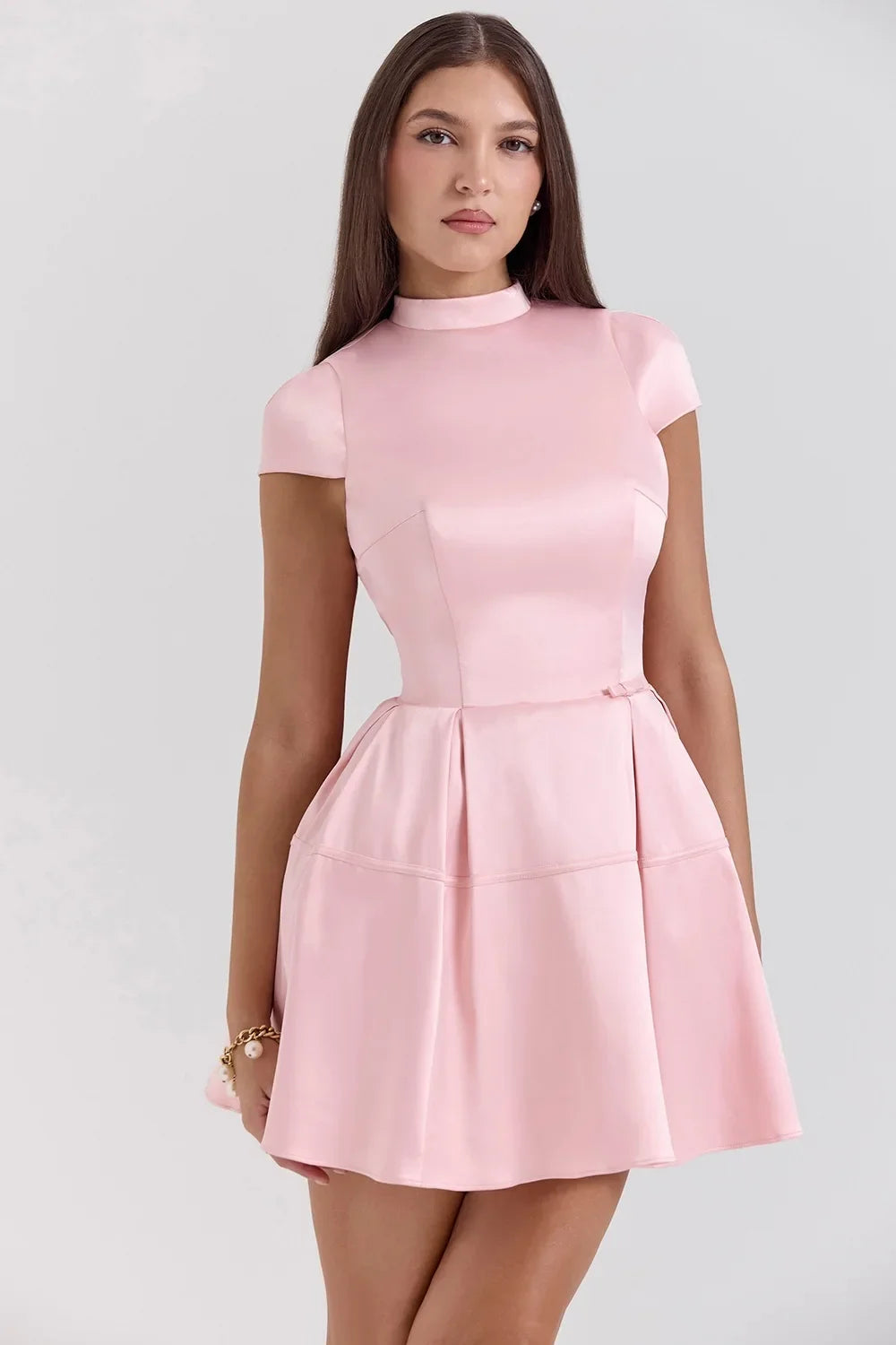 Pink Satin Mini Dress â€?Back Cutout & Flare Fit