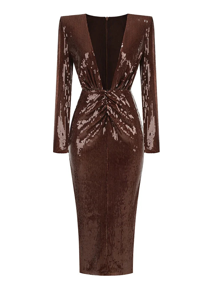 Brown Sequin Deep V Neck Long Sleeve Midi Dress