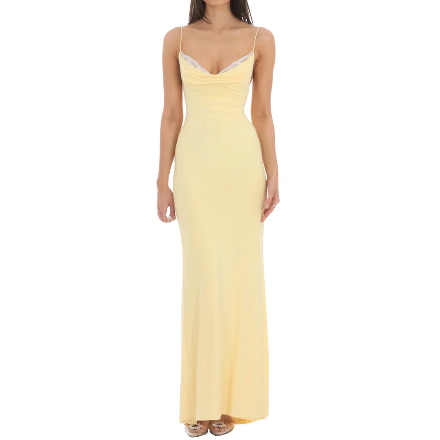 Solid Lace Trim Cowl Neck Maxi Dress