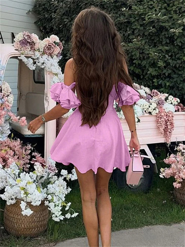Pink Off-shoulder Frill Strap Mini Dress