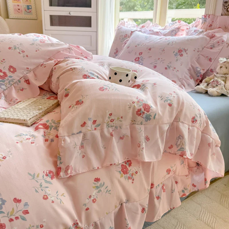 INS Floral Style Bedding Sets Ruffle Lace Bow Quilt Cover Romantic Bedclothes Decor Woman Girls Bedroom Duvet Cover 4pcs