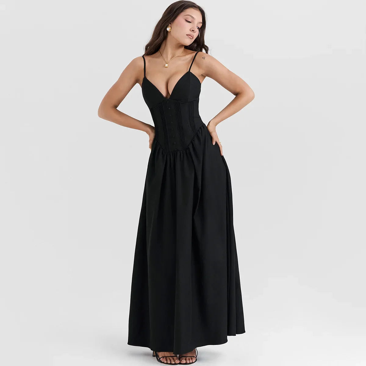 Black Buttoned  V-Neck Spaghetti Strap Maxi Dress