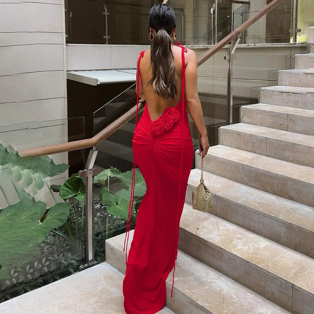 Red Tie Up Strap Open Back 3d Flower Maxi Dress