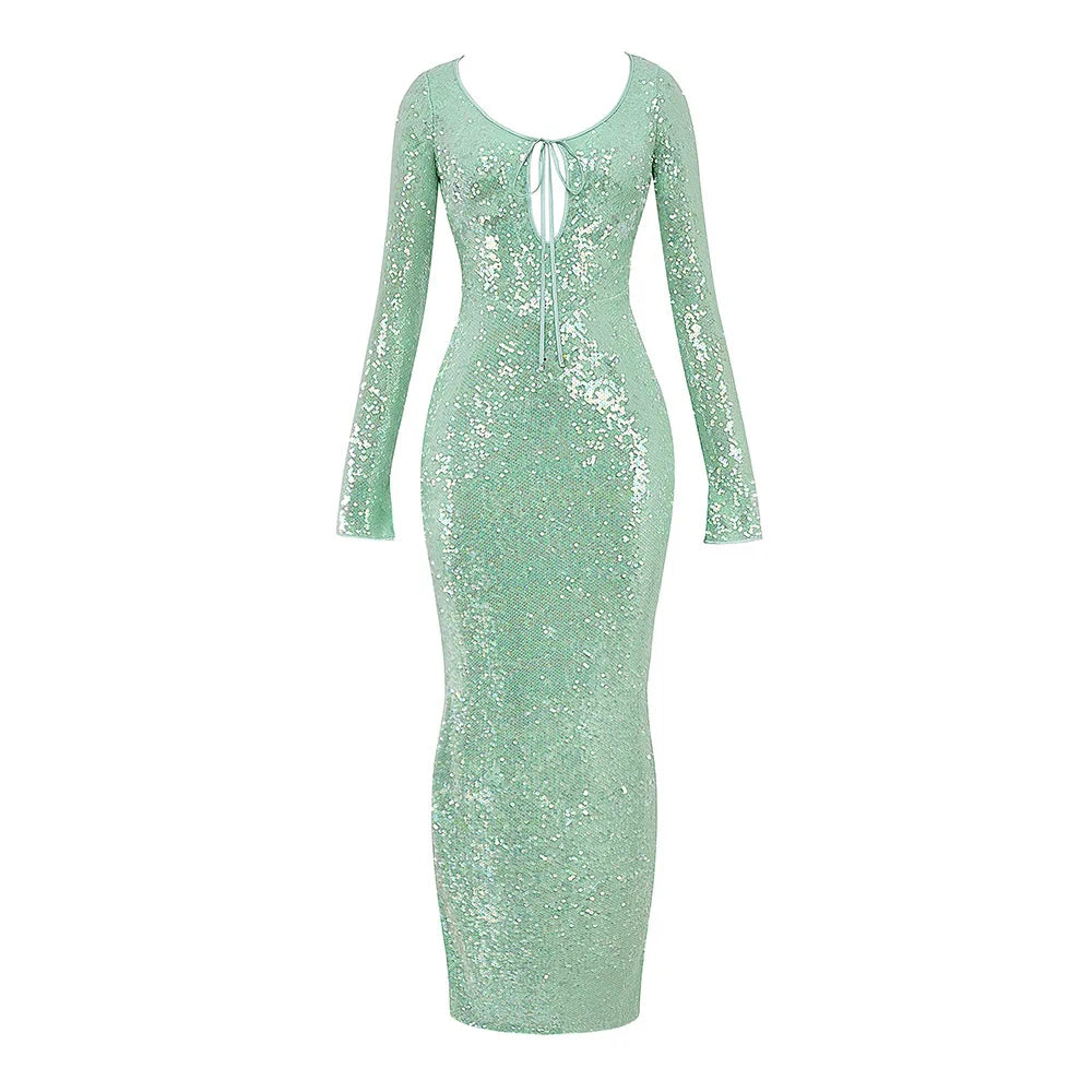 Green Sequin Long Sleeve Maxi Dress