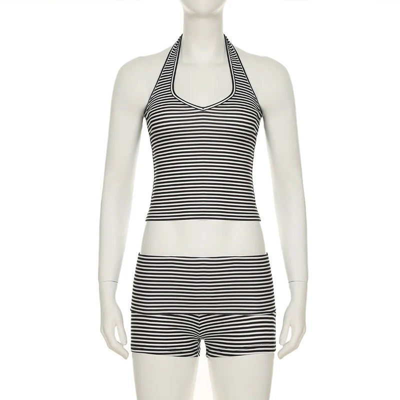 Black and White Stripe Halter Top And Shorts Set