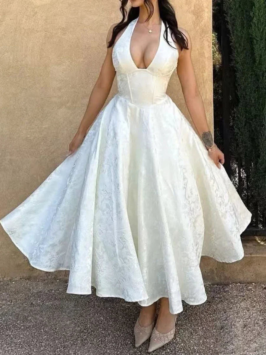 Satin Jacquard Deep Neck Print Flare Maxi Dress