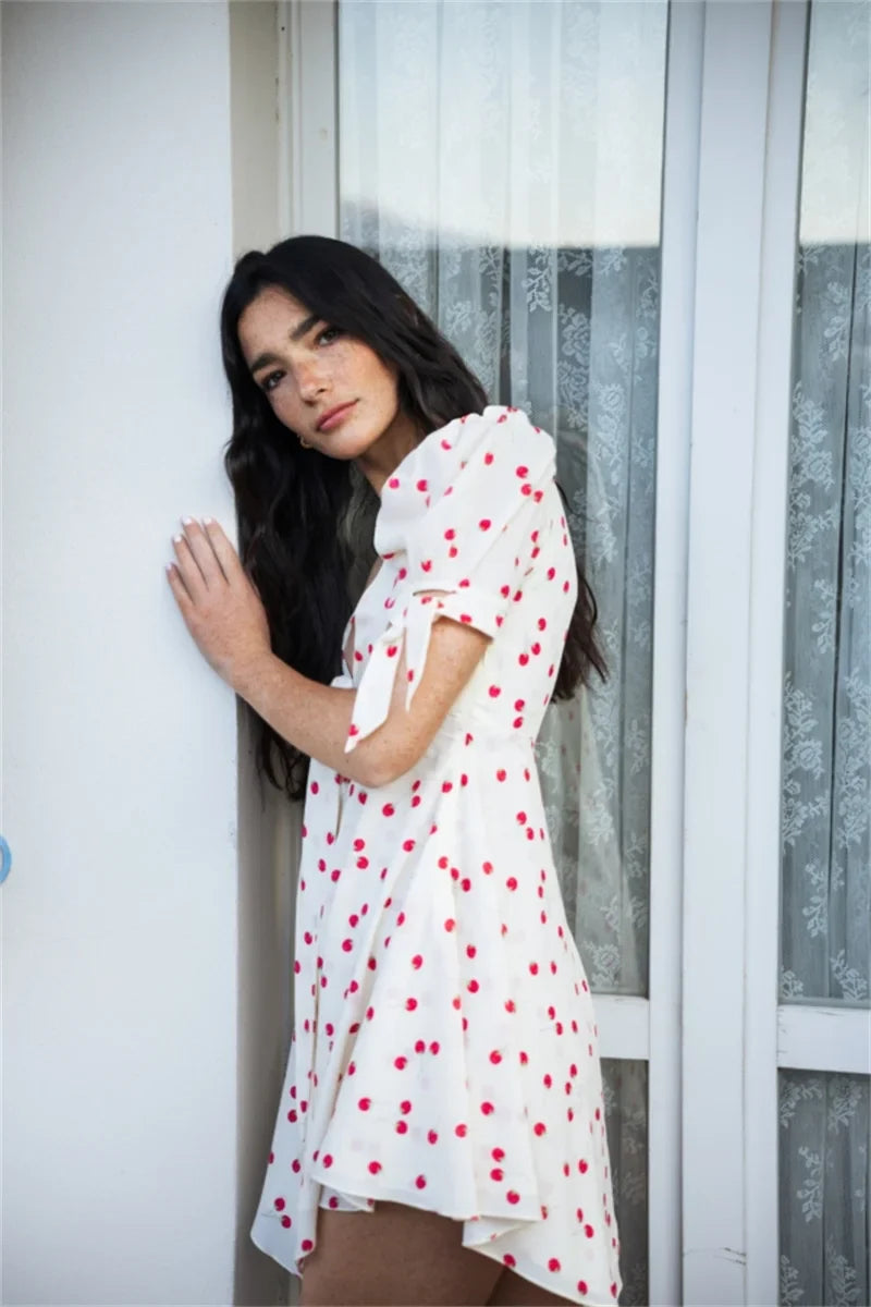 White Polka Dot Short Sleeve Mini Dress