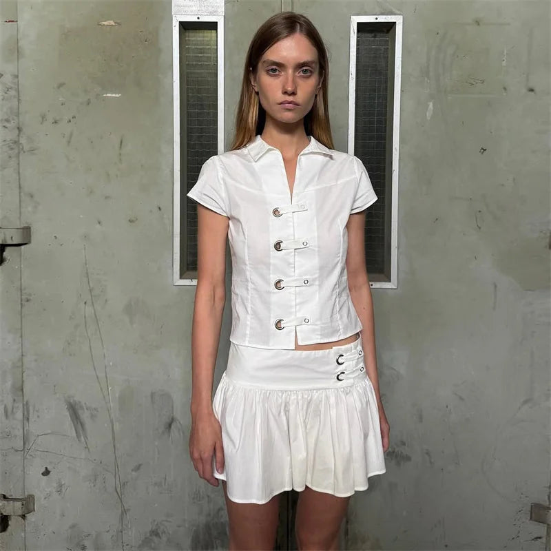 Polo Collar Short Sleeve Top And Mini Skirt Set