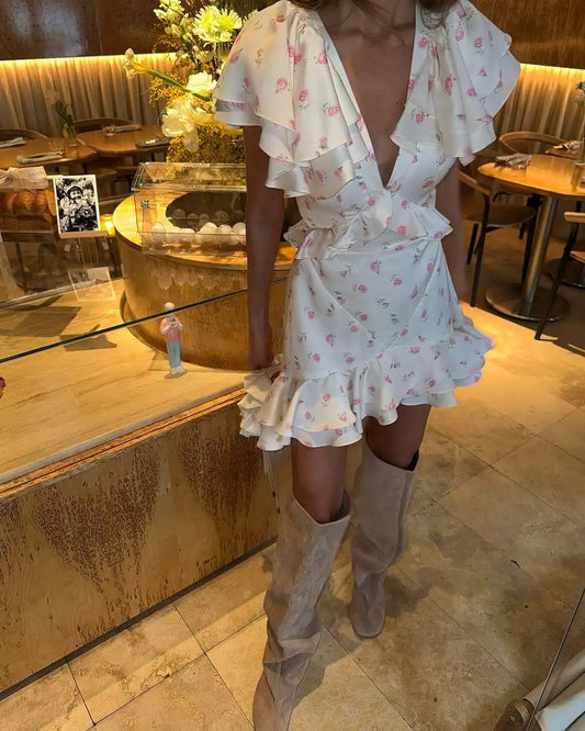 White Floral Ruffle Short Sleeve Mini Dress