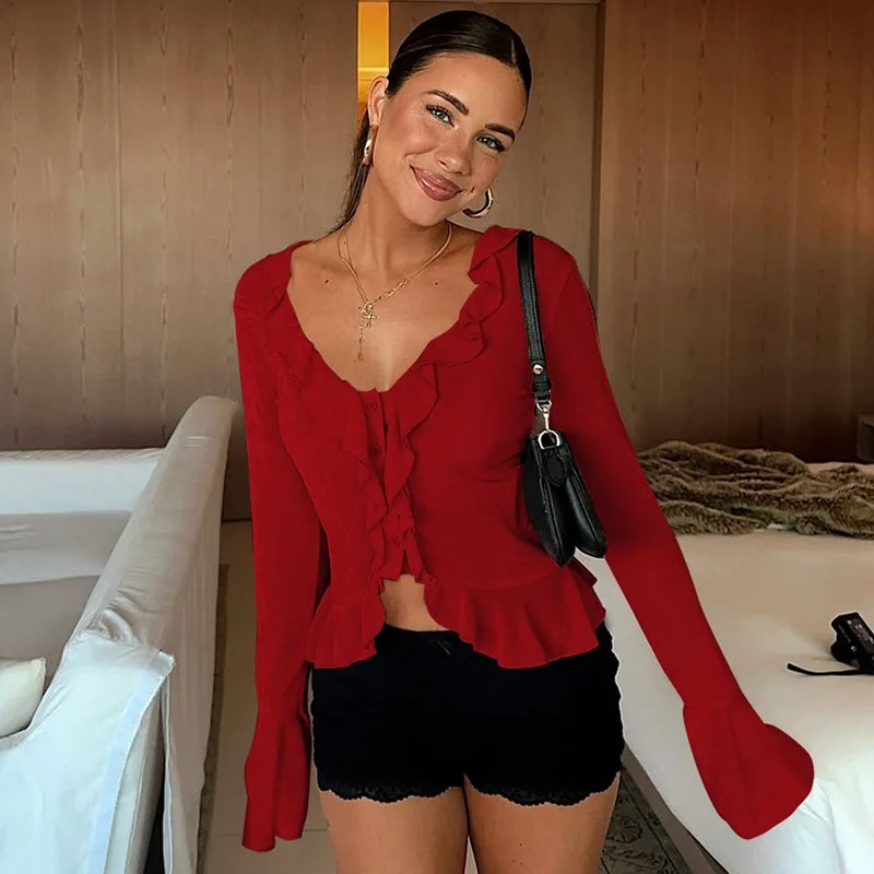 V-Neck Ruffled Long Sleeve Top