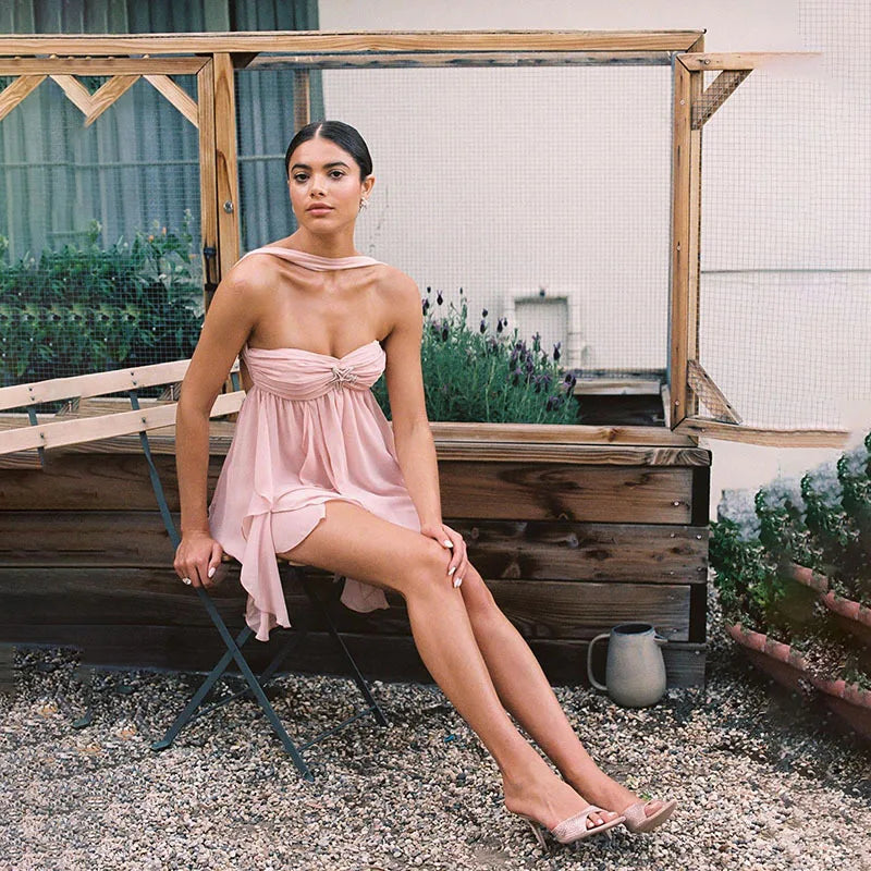 Frill Halter Around Neck Strapless Mini Dress