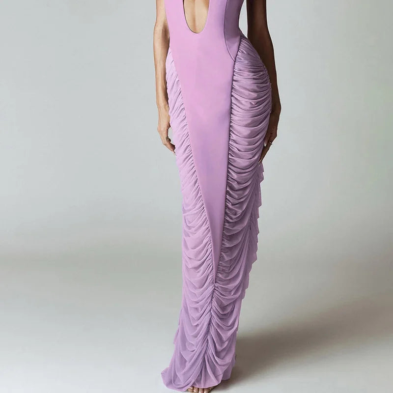Purple Deep V Neck Ruched Maxi Dress