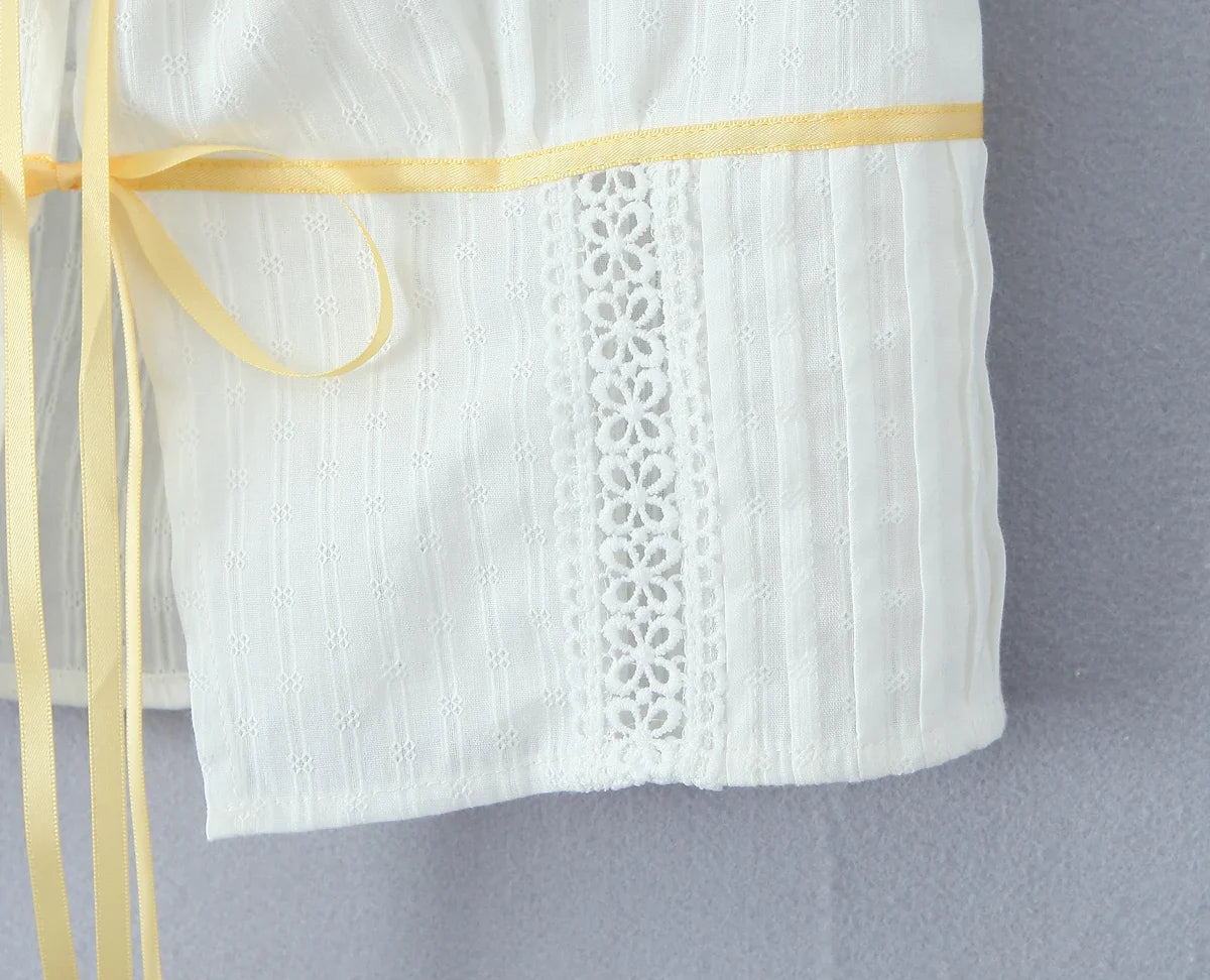 White Ruched Yellow Ribbon Crop Top And Maxi Skirt Set