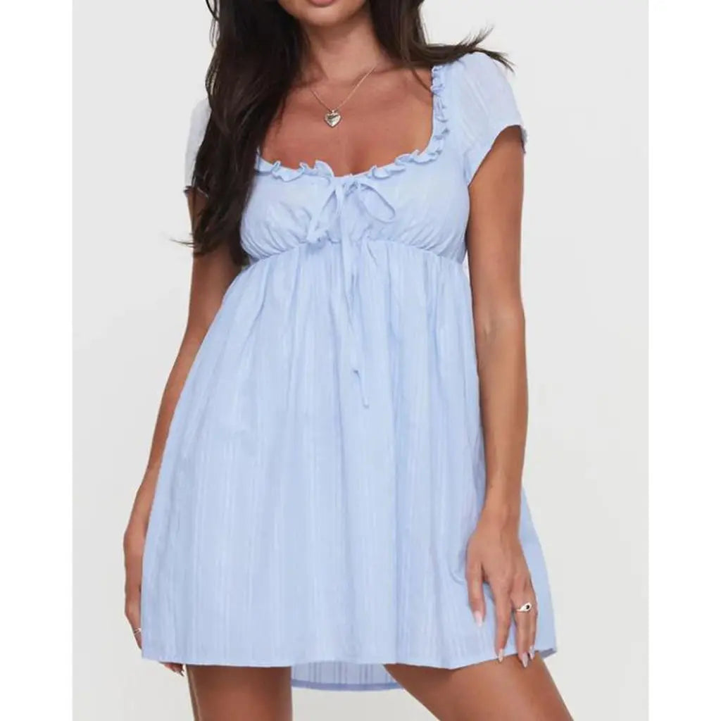 Ruffled Trim Square Neck Short Sleeve A-line Mini Dress