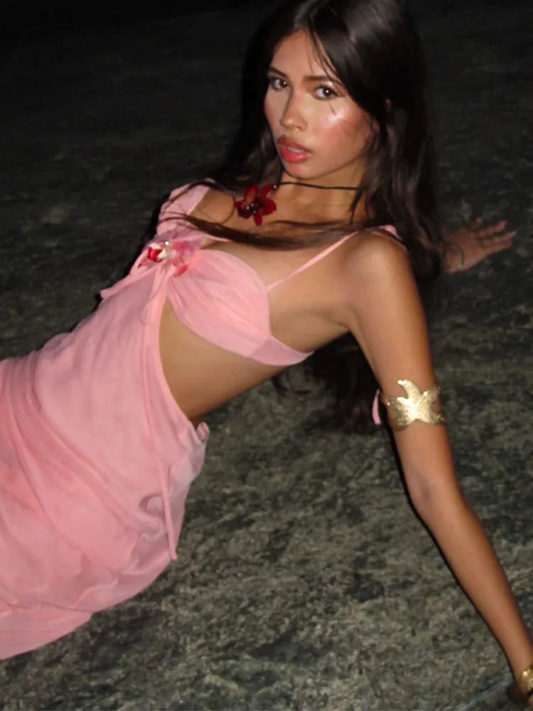 Pink 3d Floral Cut Out Tie Up Maxi Dress