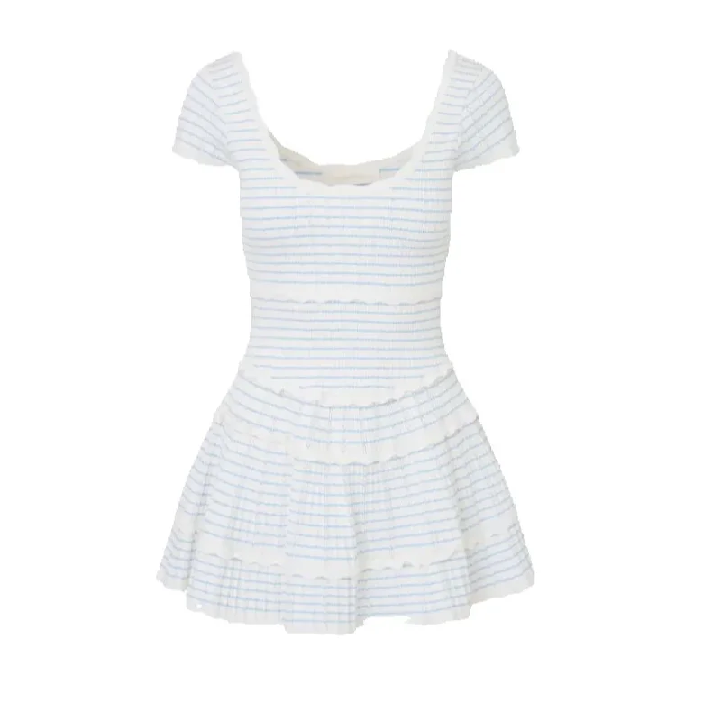 White Knitted Short Sleeve Stripe Mini Dress