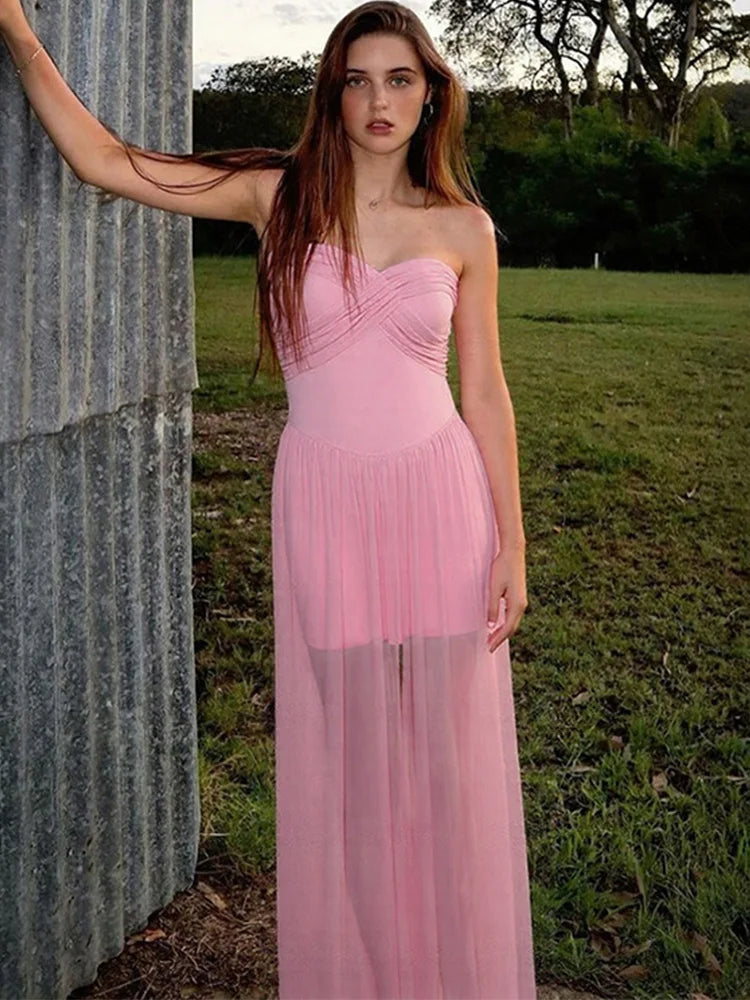 Pink Strapless Mesh Maxi Dress