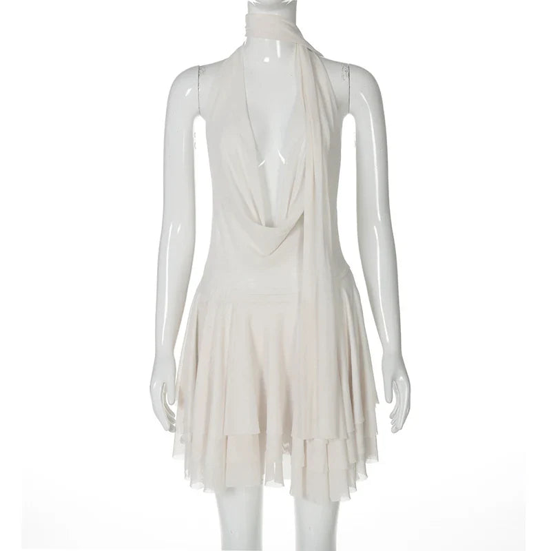 White Halter Deep V Neck Backless Mini Dress