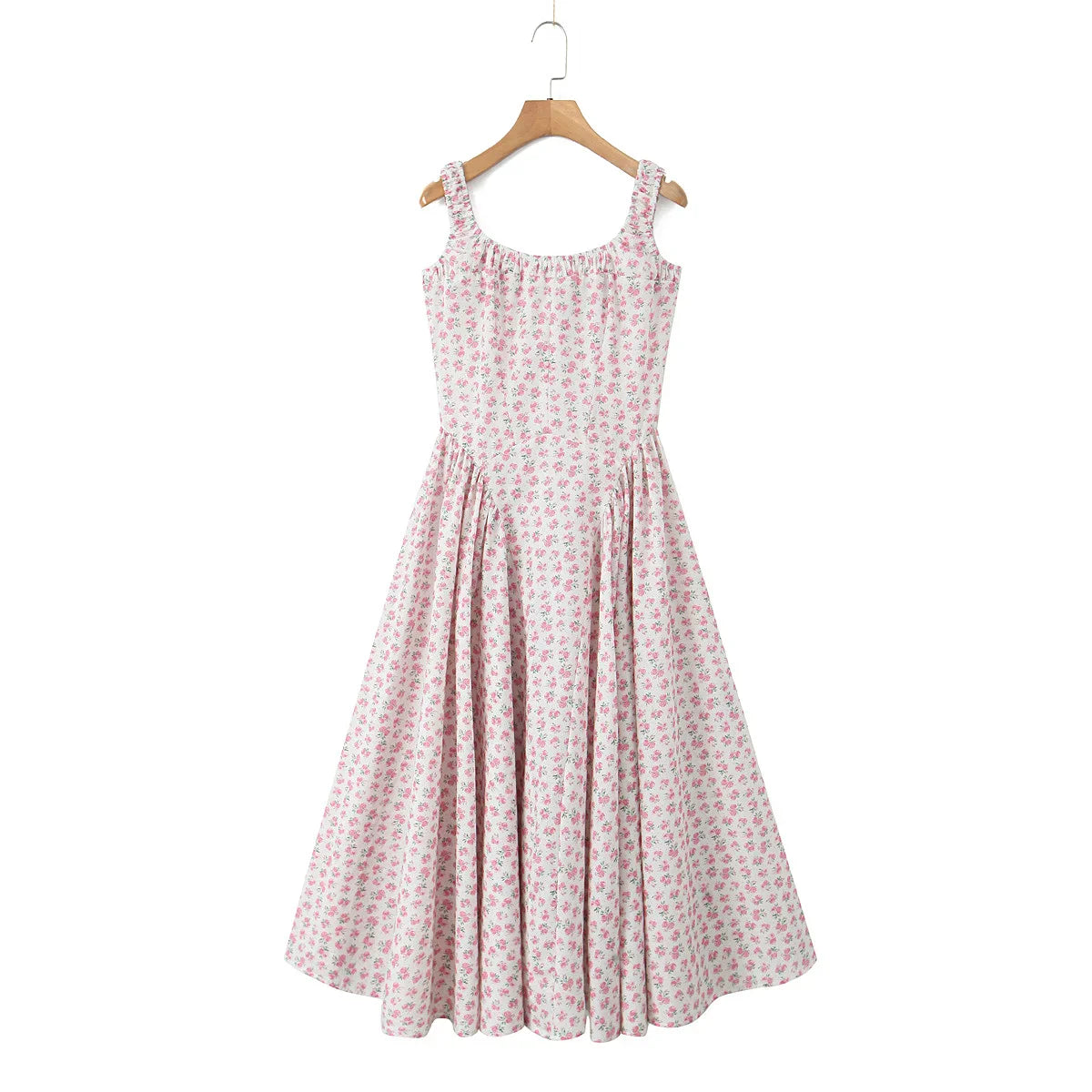 Floral Print Square Neck Strap Flare Midi Dress