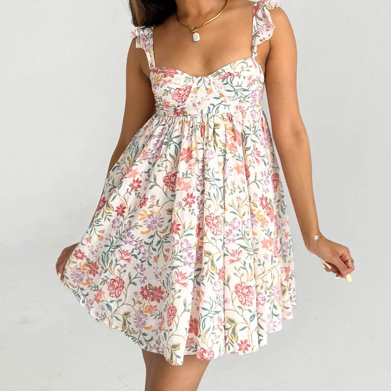 Floral/Solid Frill Strap Flowy Mini Dress