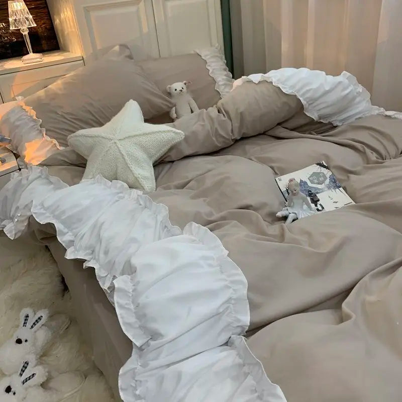 Princess Style Bedding Set No Filling Korean Romantic Ruffles Blue Purple Single Double Queen Size Duvet Cover Sheet Pillowcase