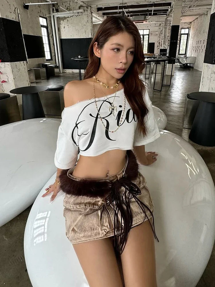 White Off-shoulder Loose Cropped Rider Top