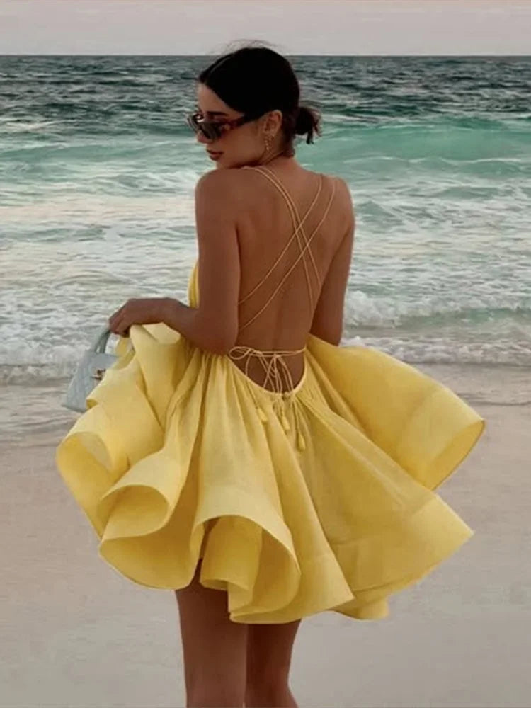 Spaghetti Strap V-neck Flowy A-Line  Mini Dress