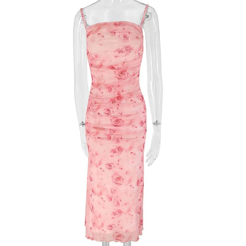 Pink Rose Printed Ruched Midi Dress