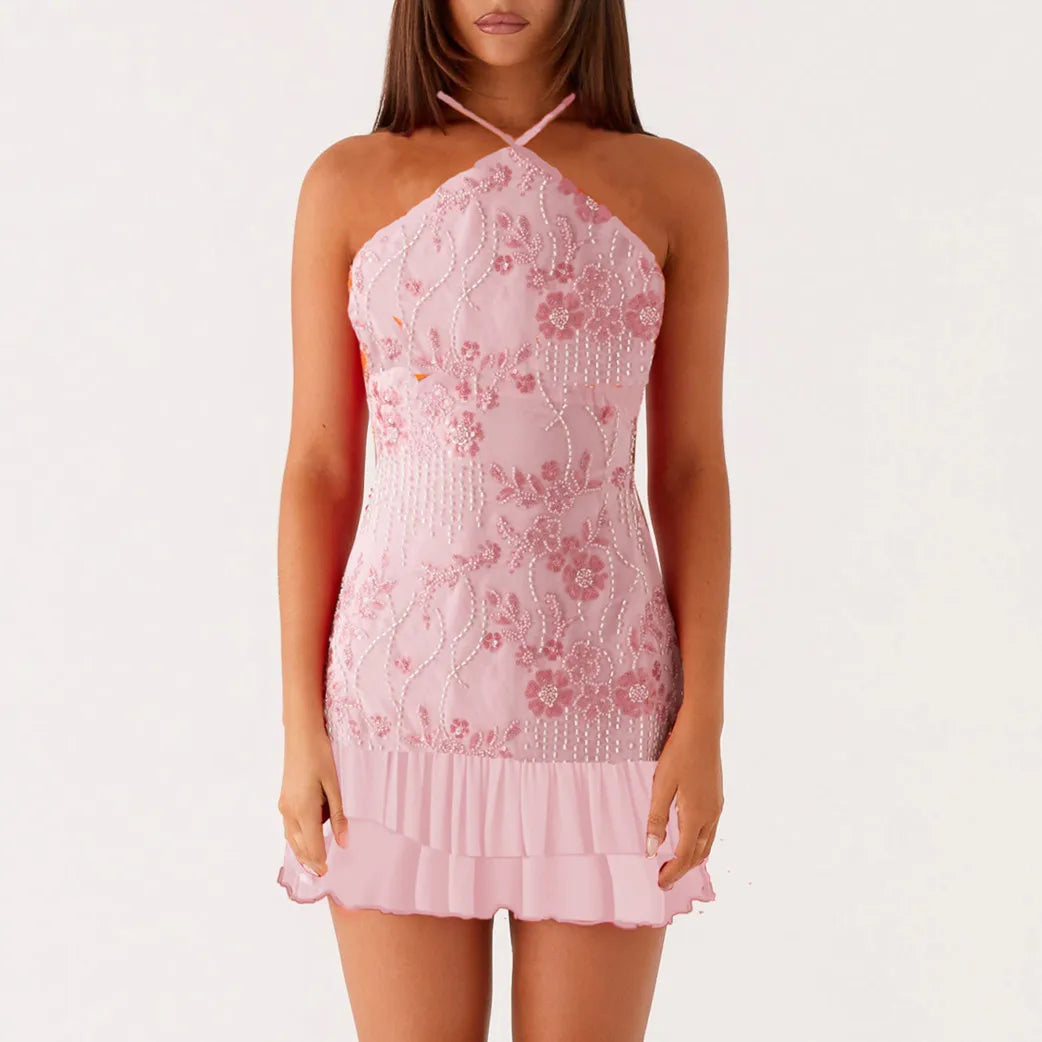 Sequin Halter Neck Frill Mini Dress