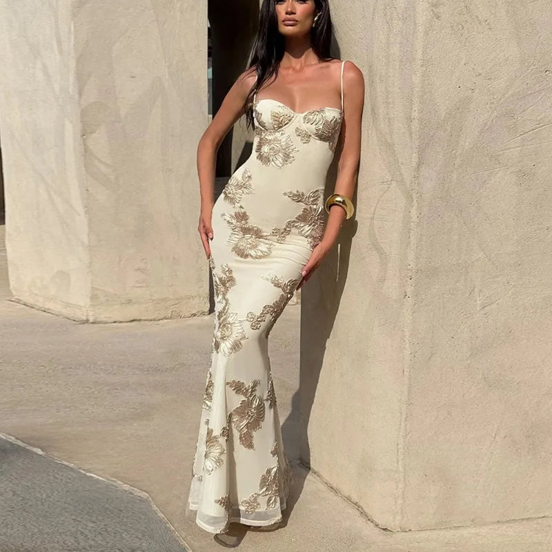 Open Back Lace Up Embroidred Flower Maxi Dress