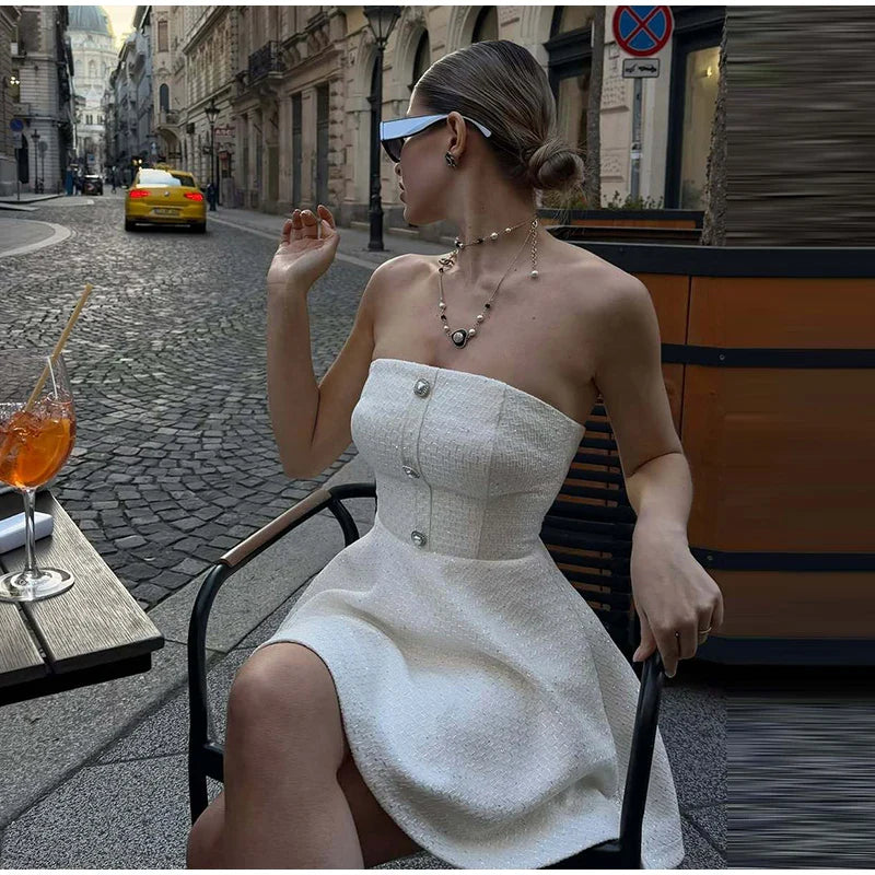 Tweed Strapless Buttoned Mini Dress